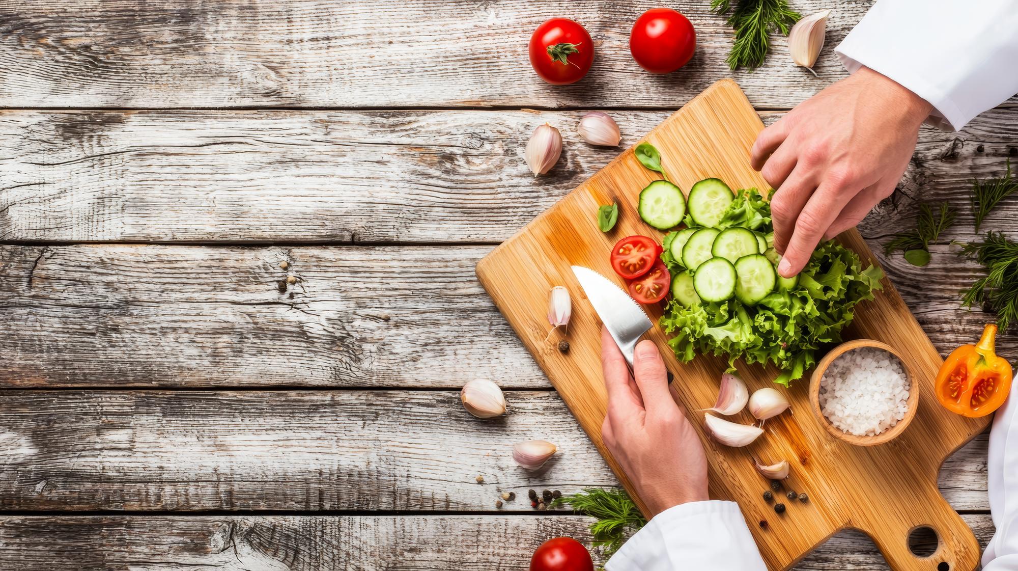 Chef prepping vegetables on wooden table